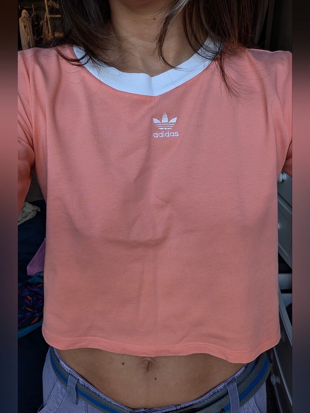 Adidas Coral Cropped Tee with White Crew Neck Trim Size M